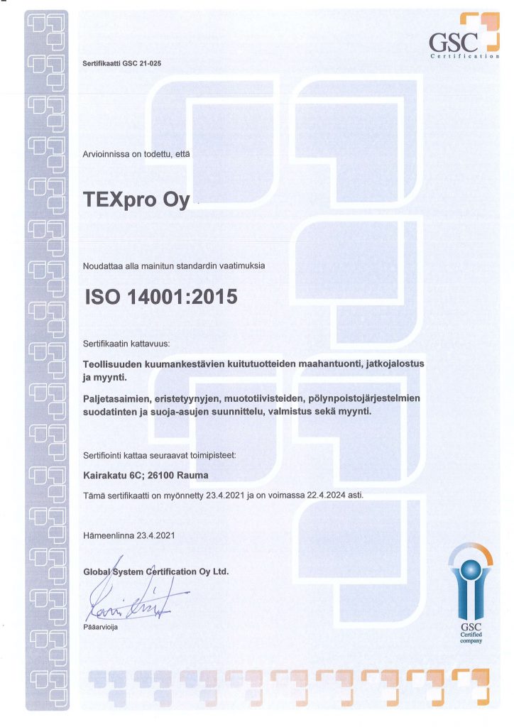 Texpro Oy:n ISO 14001-sertifikaatti