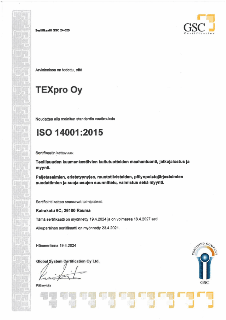 TEXprolle myönnetty ympäristösertifikaatti